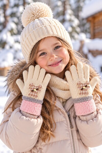 minik'o kids Ki̇tti̇ 25230-02 4-8 Years Old Girls' Knitted Gloves