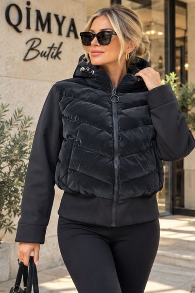 QİMYA BUTİK For she women's sleeves and below scuba fabric hooded flat stitching glossy puffer coat