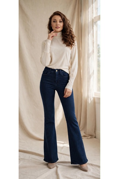 we-rayss İspanyol Paça Jeans Koyu Mavi İspanyol Jeans Yüksek Bel Kot Pantolon...