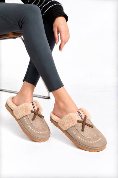 ModaMert Women's Beige Suede Lace Detailed Furry Comfortable and Useful House Slippers