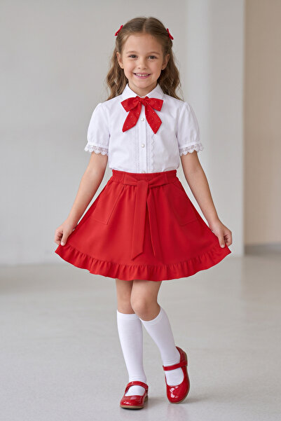 nacar çarşı Girl's Red Scarf Short Sleeve Lace Shirt Pocket Skirt April 23 Oc...
