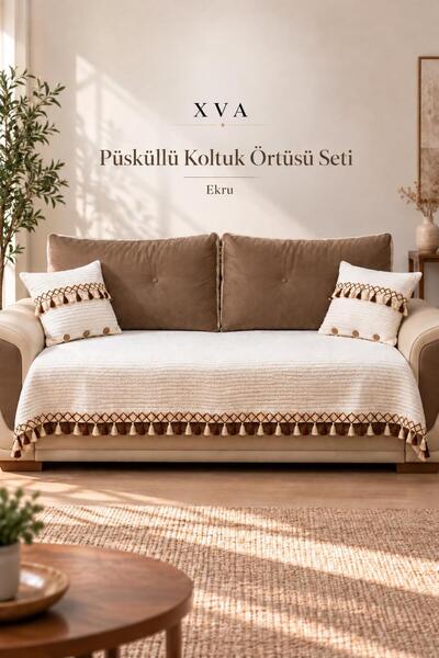 XVA %100 Pamuk Örgü Kumaş Püsküllü Koltuk Örtüsü Seti 100 x 200 cm + 2 Adet 4...