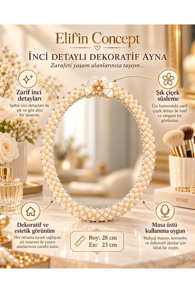 Genel Markalar Elif'in Concept İnci Detaylı Dekoratif Oval Ayna Çiçek Süsleme...