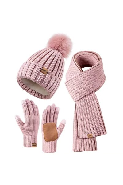 Generic Brand Set Accesorii Iarna 3 in 1, Caciula tricotata cu ciucure, Fular...