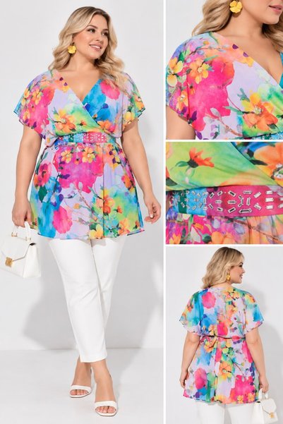 MAMAYAGA Women's Double Breasted V-Neck Short Sleeve Stone Detailed Lined Chiffon Summer Curve Plus Size Floral Tunic Blouse