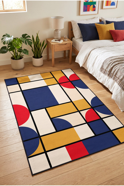 Renkli Canlı Geometrik Lacivert Sarı Kırmızı Modern Bauhaus Halı Salon Yatak Odası