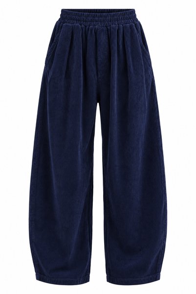 ROSE ARYA Navy Blue Velvet Wide Leg Trousers with Elastic Waist
