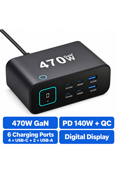 Staryon Statie incarcare USB GaN 470W Staryon, 6 porturi, 4 USB-C, 2 USB-A, P...