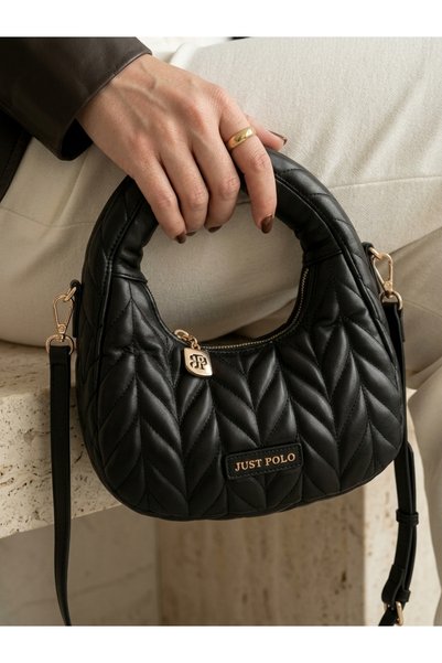 Just Polo حقيبة يد وكتف نسائية سوداء مبطنة ومطرزة بتفاصيل ذهبية