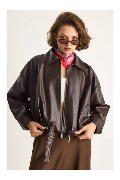 maf collection Women's Brown Shirt Collar Leather Jacket with Zipper and Belt Detail at the Bottom and Pockets
