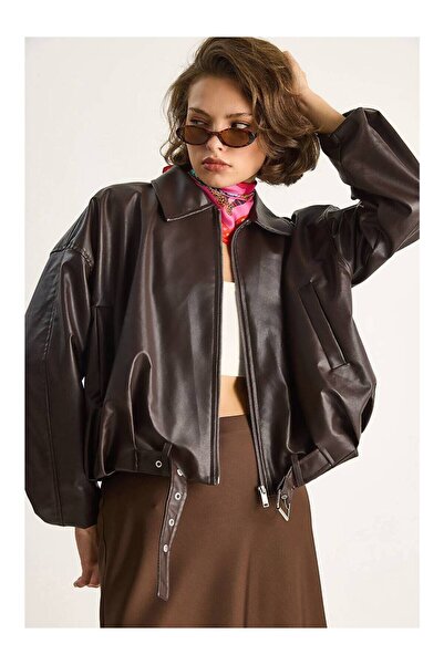 maf collection Women's Brown Shirt Collar Leather Jacket with Zipper and Belt...