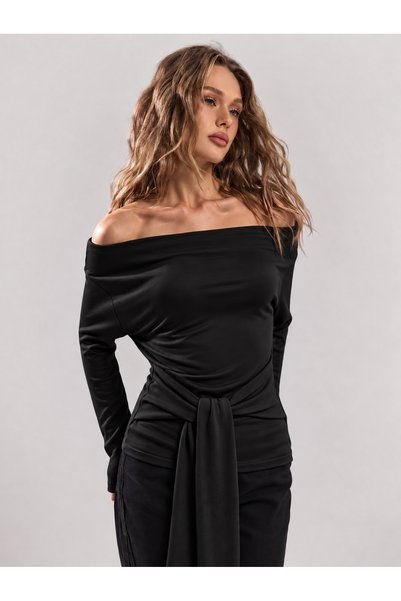 WEEST MODA Crna bluza sa detaljima vezanja u struku, madona kragnom i dugim r...