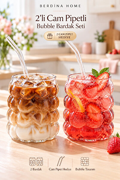 Berdina Home 2’li Bubble Cam Bardak Seti Cam Pipet Hediyeli Buzlu Kahve Latte Limonata ve Smoothie Sunum Bardağı