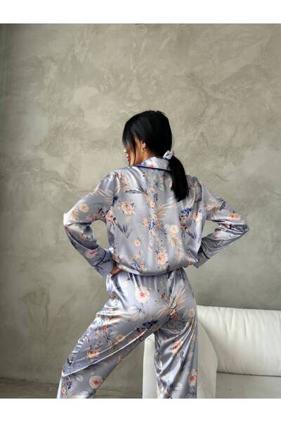 cocolarsı Fiori Color Lila Saten uzun pijama takımı