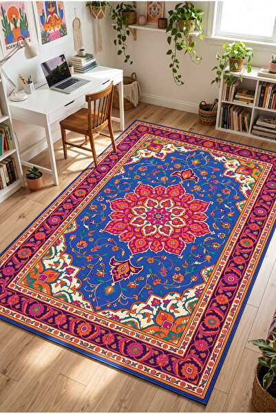 Renkli Canlı Klasik Madalyonlu Mavi Fuşya Turuncu Desenli Halı Salon Yatak Odası