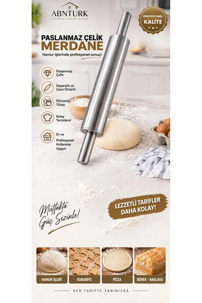 abnturk 43x24cm Ultra Lüks Paslanmaz Çelik Merdane Profesyonel Yapışmaz Paslanmaz Döner Başlıklı Rengi Cıkmaz Oklava Hamur Açma Merdanesi Kolay Temizlenir Ergonomik Tutuşlu Mutfak Gerec