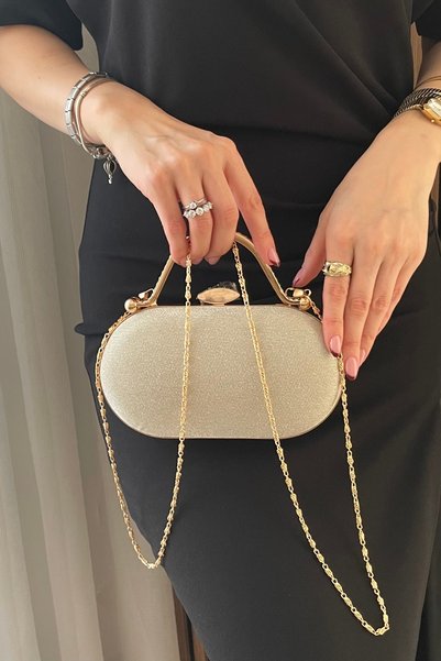 Fibag Women's Gold Color Glittering Stone Evening Dress Bag - Stylish Evening and Event Bag with Metal Handle