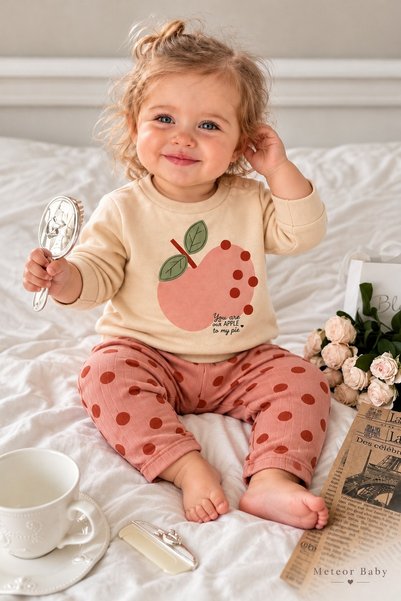METEOR BABY Baby Girl Set Apple Printed Top and Bottom Seasonal 2-Piece Set