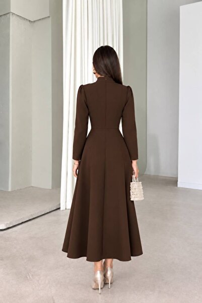 maf collection Women's Long Sleeve Court Collar Brown Waist Fitted Front Button Detail Long Evening Dress Graduation Gown