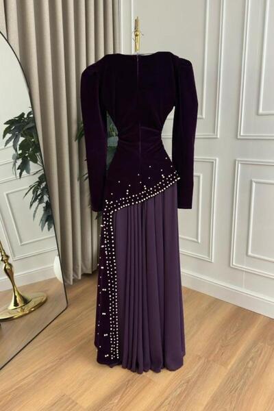 LAVERA STYLE فستان سهرة بنفسجي مخملي بأكمام طويلة وشيفون مزيّن بالخرز