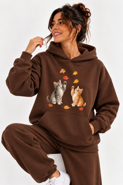 ENB1R MODA Cat Print Sweatshirt – Cute Cat and Autumn Leaves Pattern Casual O...