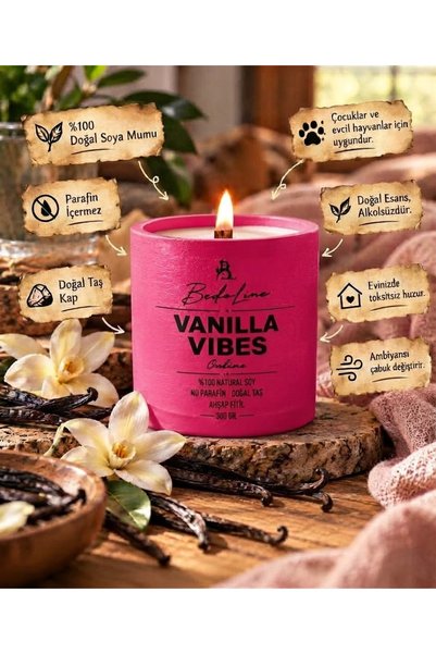 Vanilya kokulu taş saksı %100 doğal soya mumu Parafinsiz ve Ahşap fitilli dekoratif mum - 300 gr.