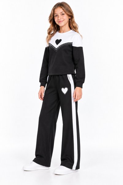 PEMBE LİFE 65510-26 Girl's Heart Detailed Sweatshirt and Wide Leg Sweatpants Set with Side Stripes, Ages 11-14