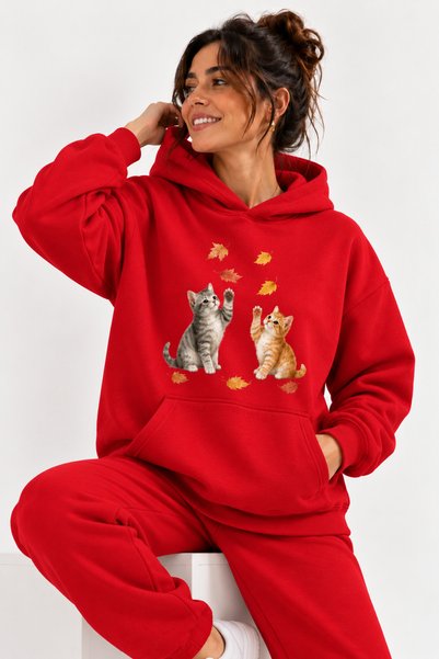 ENB1R MODA Cat Print Sweatshirt – Cute Cat and Autumn Leaves Pattern Casual O...