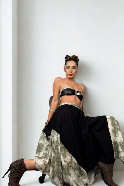 Quincey Green Black Piece-Embellished Bamboo Skirt