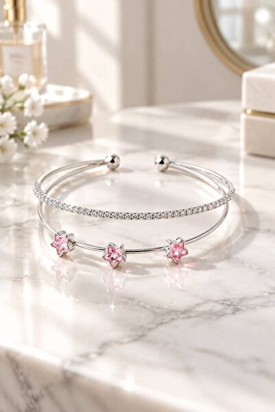 LYKOS Women's Silver Color Pink Zircon Stone Star Model Double Row Handcuff B...