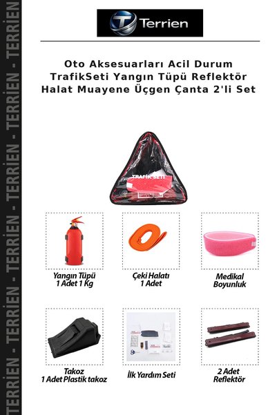 Terrien Oto Aksesuarları Acil Durum TrafikSeti Yangın Tüpü Reflektör Halat Muayene Üçgen Çanta 2'li Set