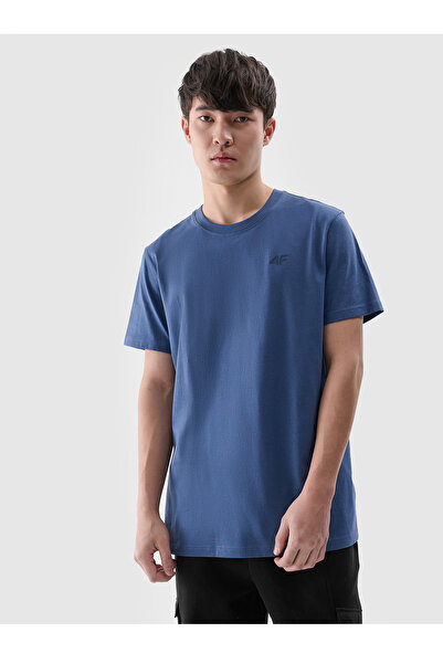 4F Tricou simplu pentru bărbați, albastru denim, croială normală, guler rotun...