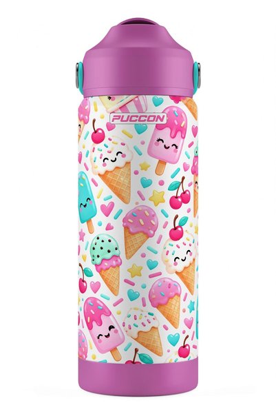 Puccon 540 ml Renkli Dondurma Desenli Pembe Kız Çocuk Pipetli Çelik Termos Ma...