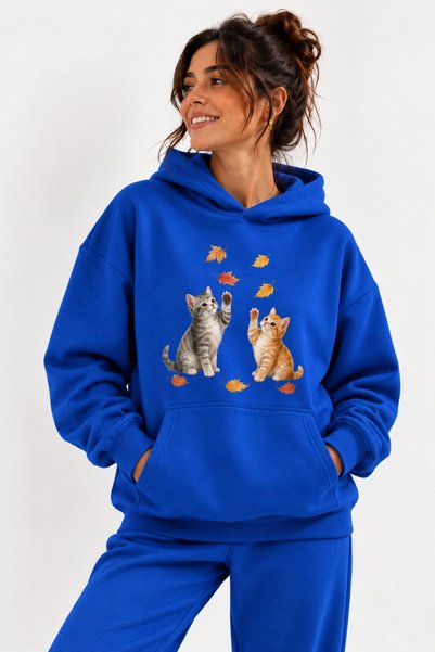 ENB1R MODA Cat Print Sweatshirt – Cute Cat and Autumn Leaves Pattern Casual O...