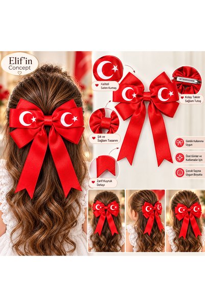 Genel Markalar Elif'in Concept Türk Bayrağı Desenli Ay Yıldızlı Fiyonk Saç To...
