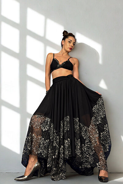 Quincey Silver Shimmering Lace Asymmetric Skirt