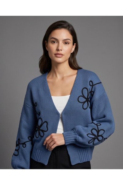 Trend Kapında Floral Motif Knitwear Cardigan