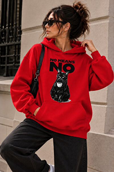 ENB1R MODA Women's Oversize Sweatshirt Hooded Cat Printed No Means No Black G...