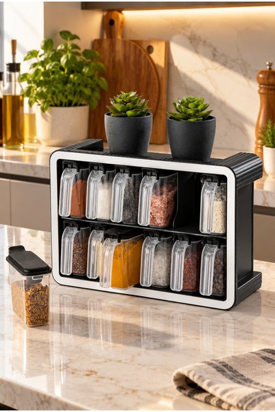 Cornella 12-Piece Spice Jar Set with Spoons and Stand, Black, 250 ml