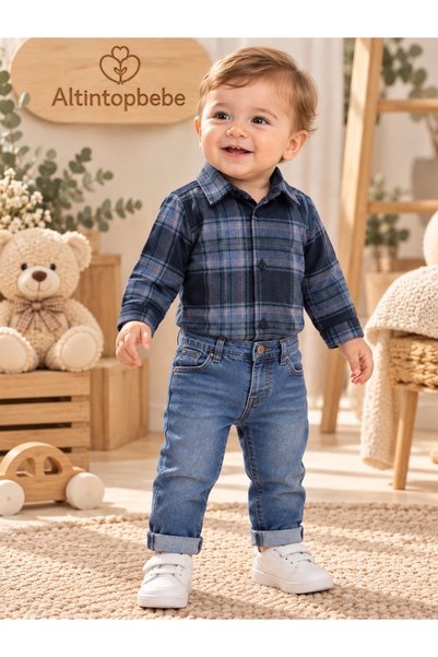altıntop bebe Baby Boy Plaid Patterned Long Sleeve Shirt Bodysuit with Snap F...
