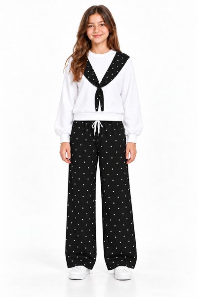 Mışıl Kids 79810-26 Hanorac cu guler cu șireturi și pantaloni largi pentru fe...