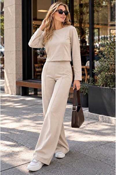 trendgar Women's Beige Casual Thessaloniki Two-Piece Set – Sweatshirt with St...