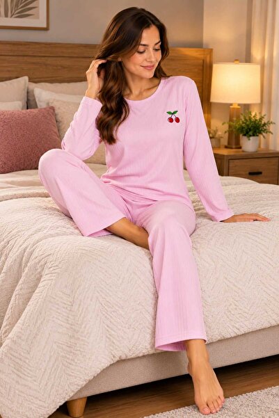 PİJART Women's Pink Ribbed Knitted Pajama Set