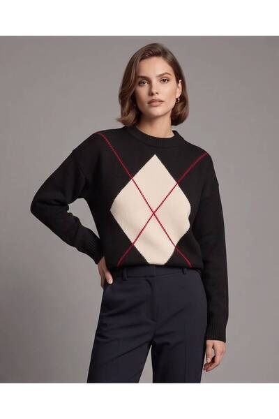 Trend Kapında Women's Diamond Patterned Crew Neck Knitwear Sweater