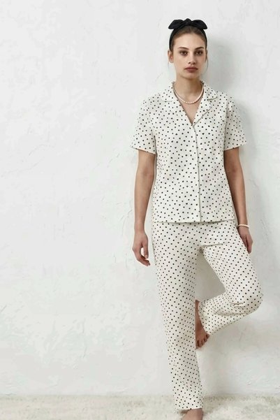 bysocafashion Women's Snow White Polka Dot Cotton Short Sleeve Buttoned Shirt...