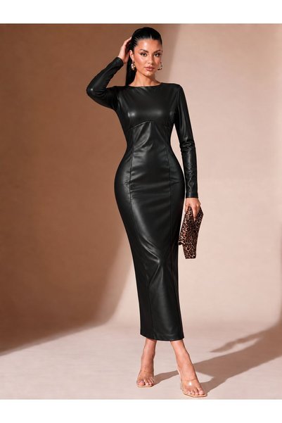 Generic Brand Women's long sleeve boat neck long slim fit leather dress