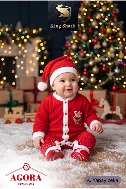 Kingshark King Shark Erkek Bebek Noel Baba Yılbaşı Kostümü, Şapkalı Kırmızı Yeni Yıl Tulum Seti