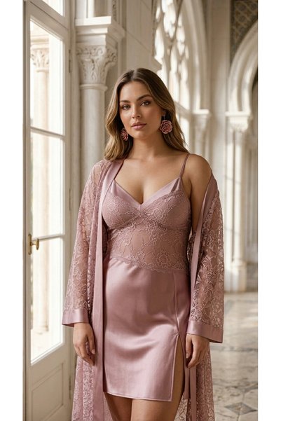 PICO fashion Plus Size Satin Lace Detailed Dressing Gown Nightgown Set