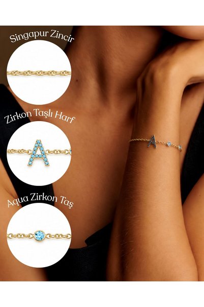 Queen Silver Jewelry Harfli bileklik. zirkon taşlı, singapur zincirli, beyaz ...