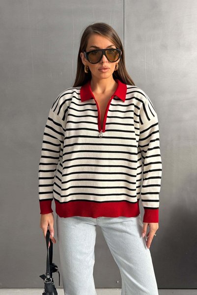 RB CLUB Pulover tricotat oversize cu dungi și guler polo roșu pentru femei, c...